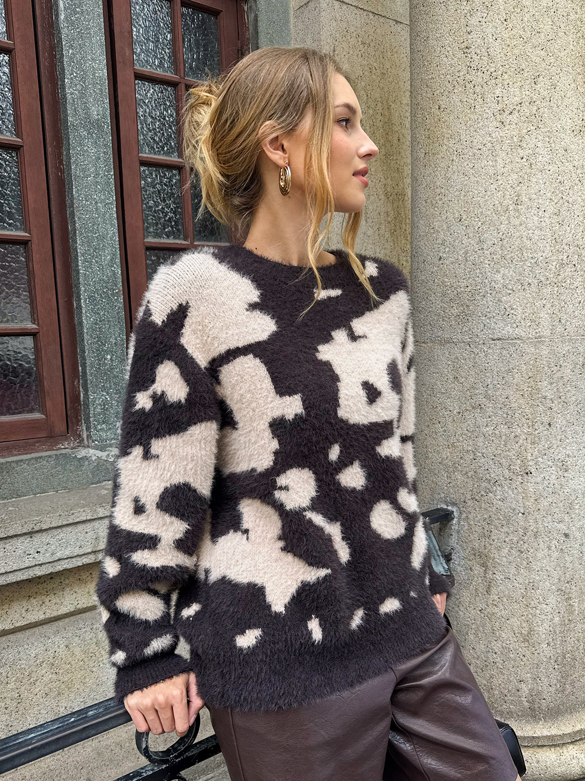 Cow Print Fuzzy Crew Neck Sweater