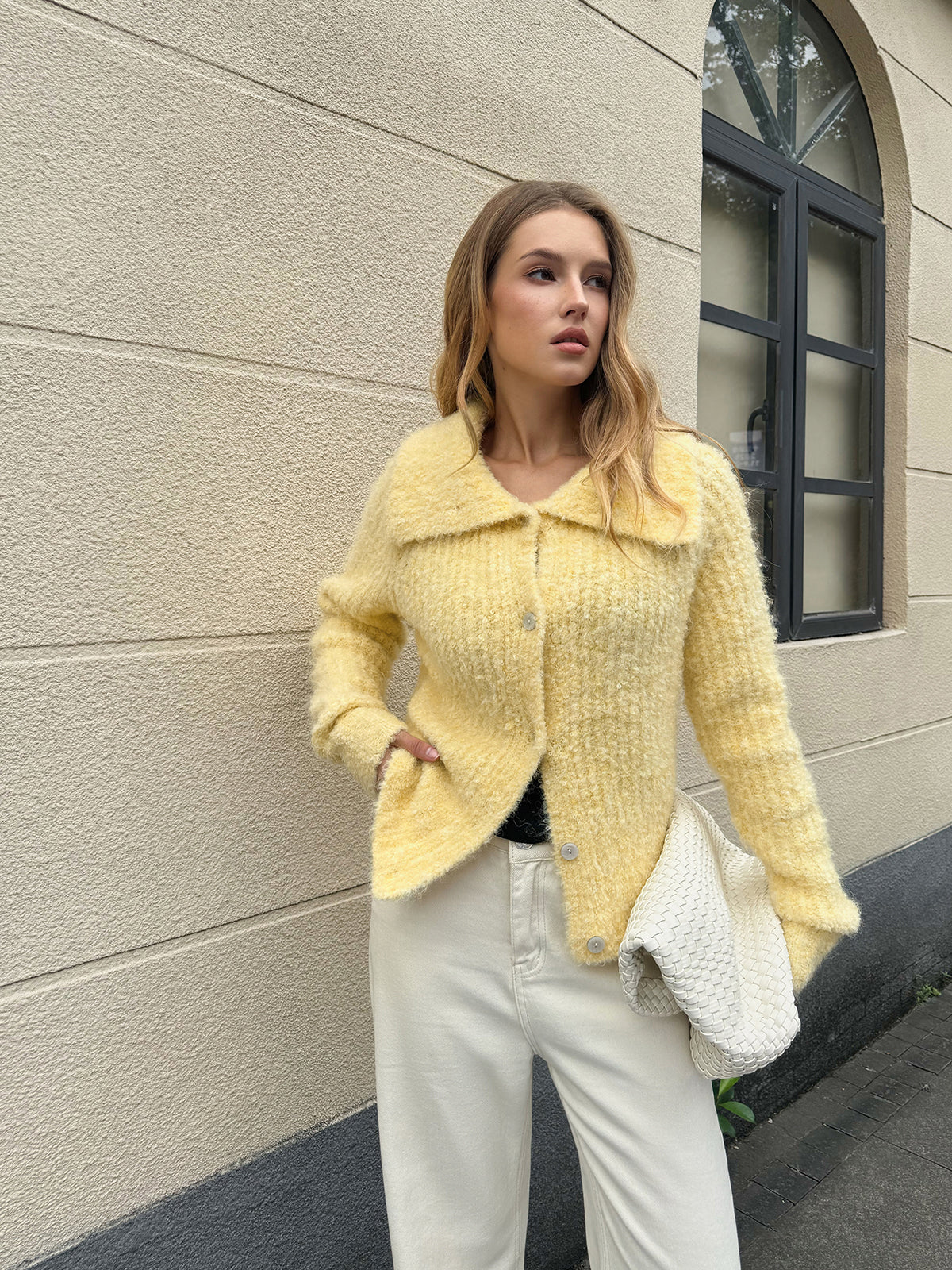 Wool Blend Collared Knit Cardigan