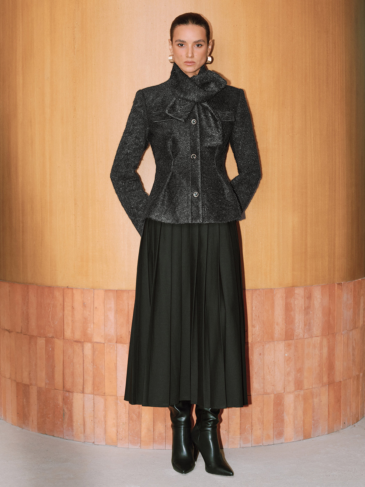 Button-Front Wool-Blend Coat with Scarf