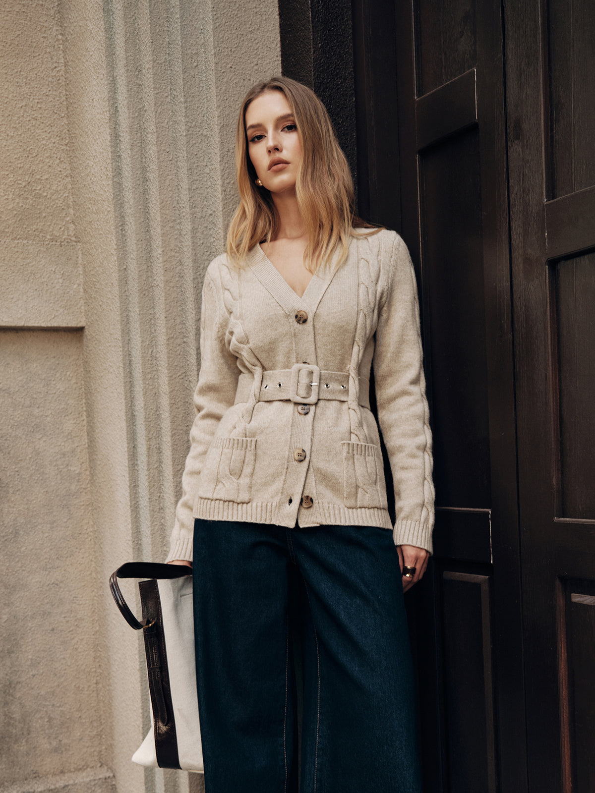 Belted Cable Knit V-Neck Cardigan