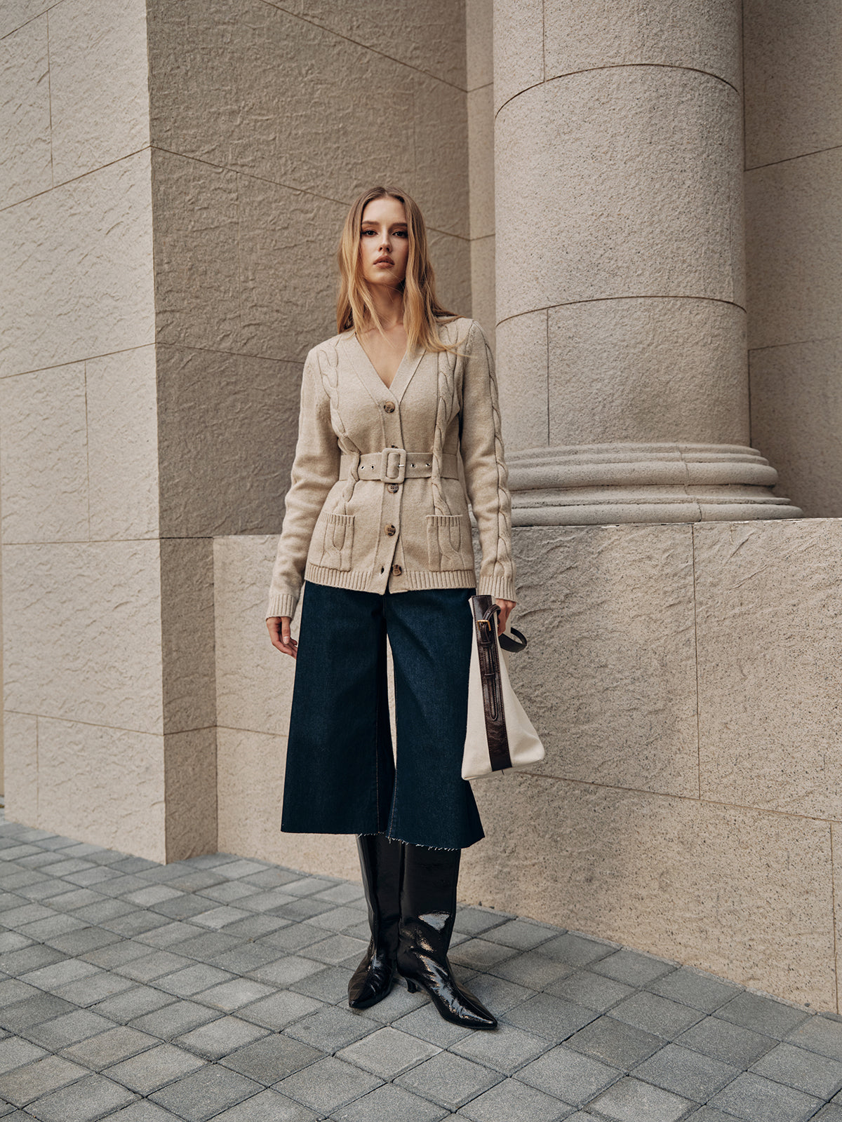 Belted Cable Knit V-Neck Cardigan