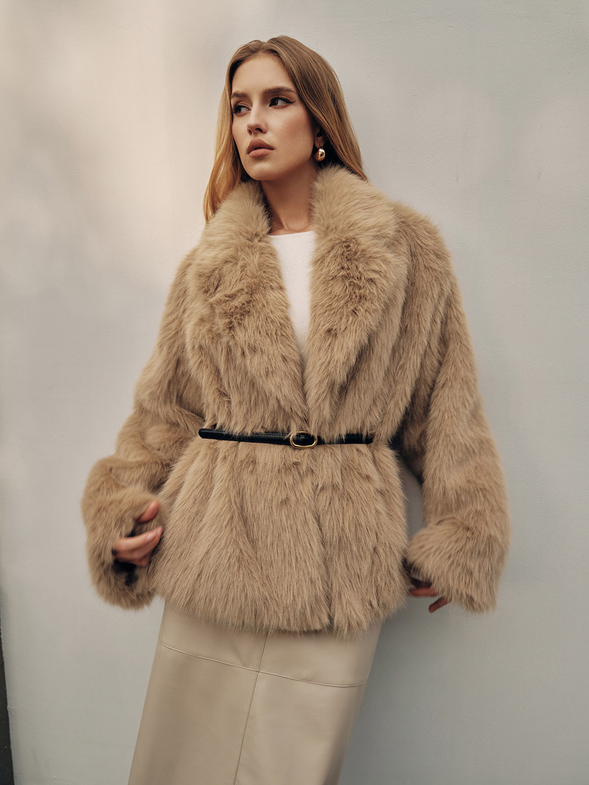 Shawl Collar Faux Fur Coat without Belt