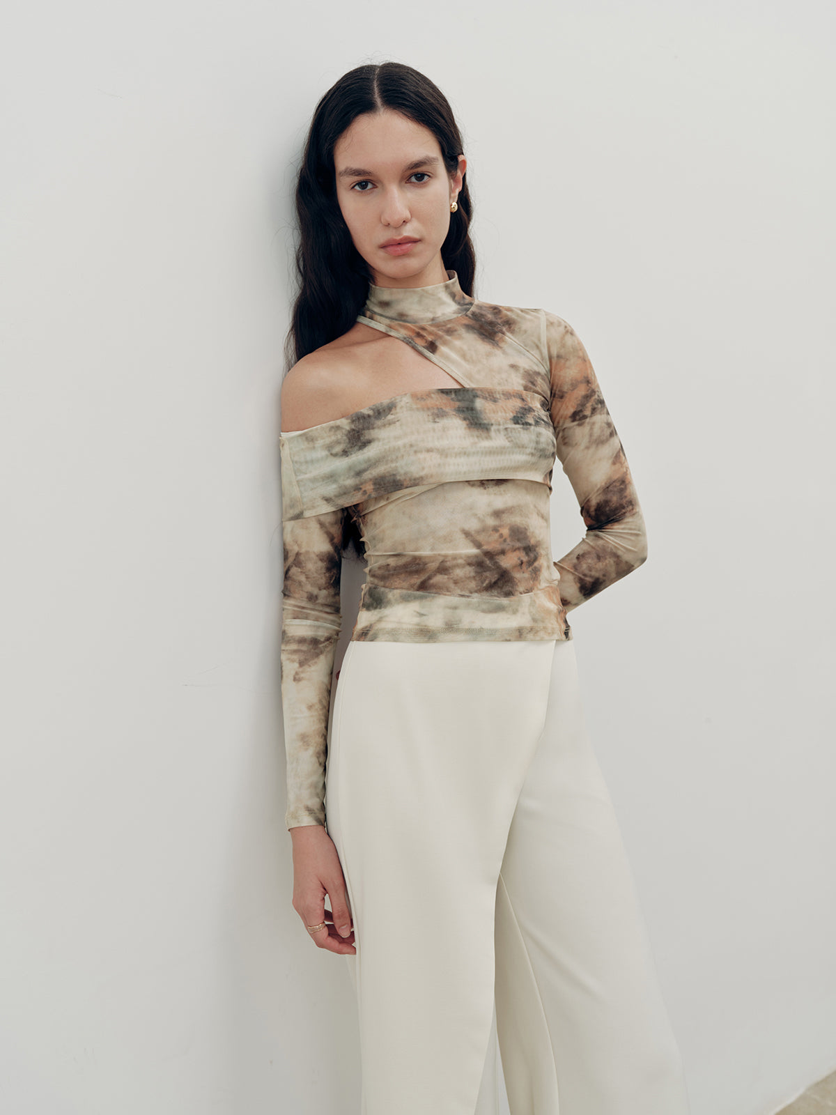 Tie-Dye Mesh One-Shoulder Long Sleeve Top