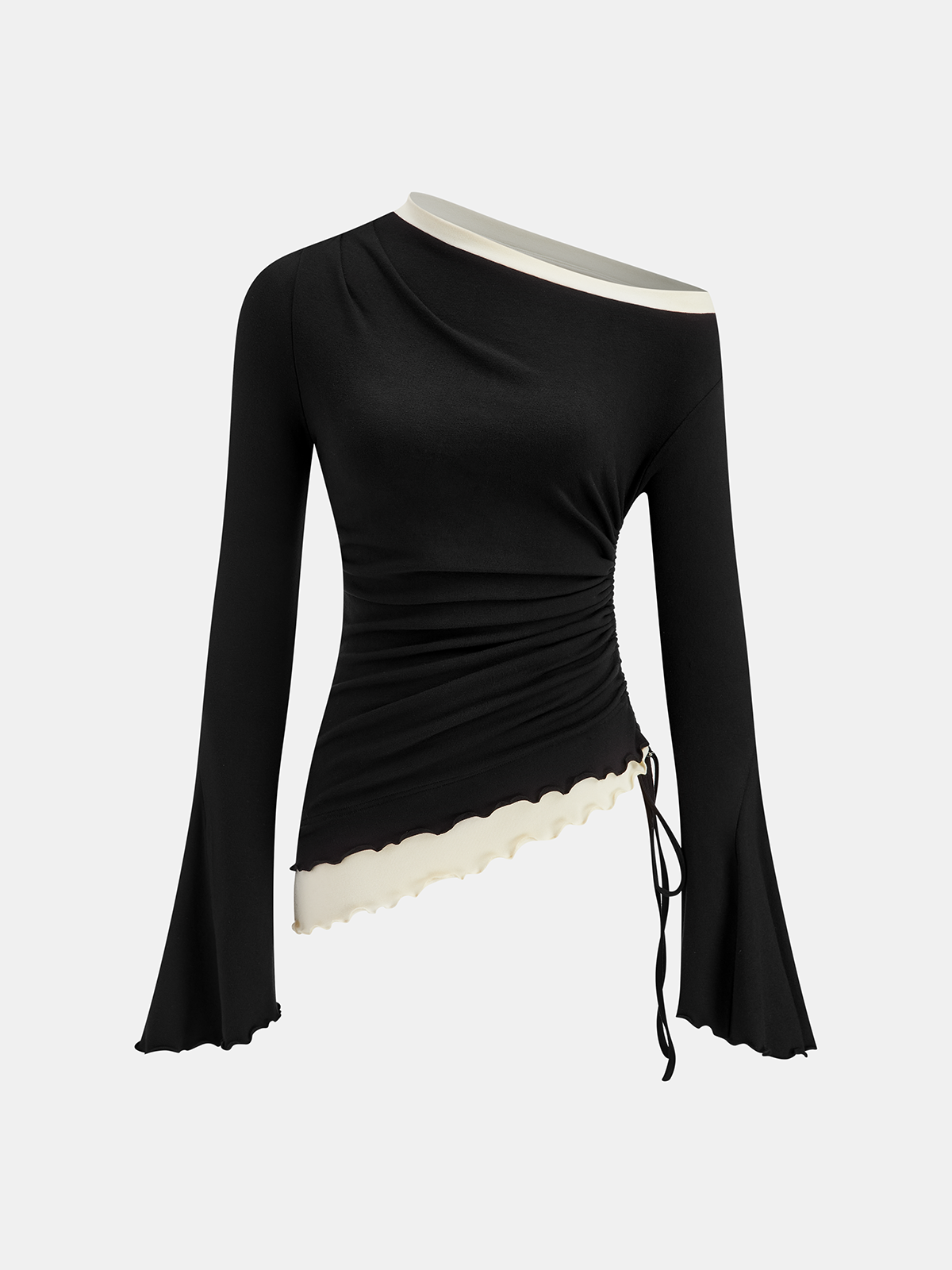Contrast Ruffle Asymmetric Ruched Top