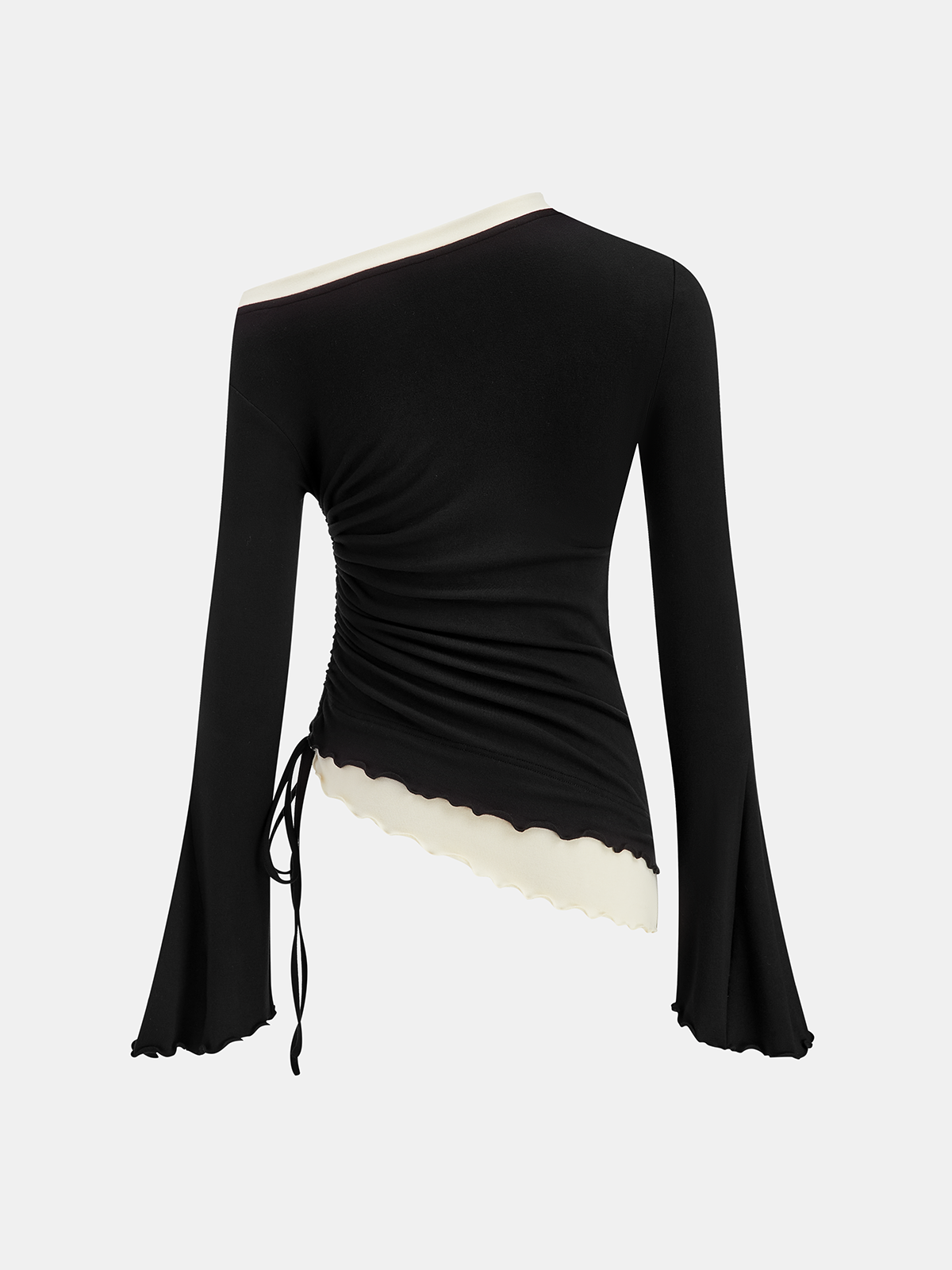 Contrast Ruffle Asymmetric Ruched Top