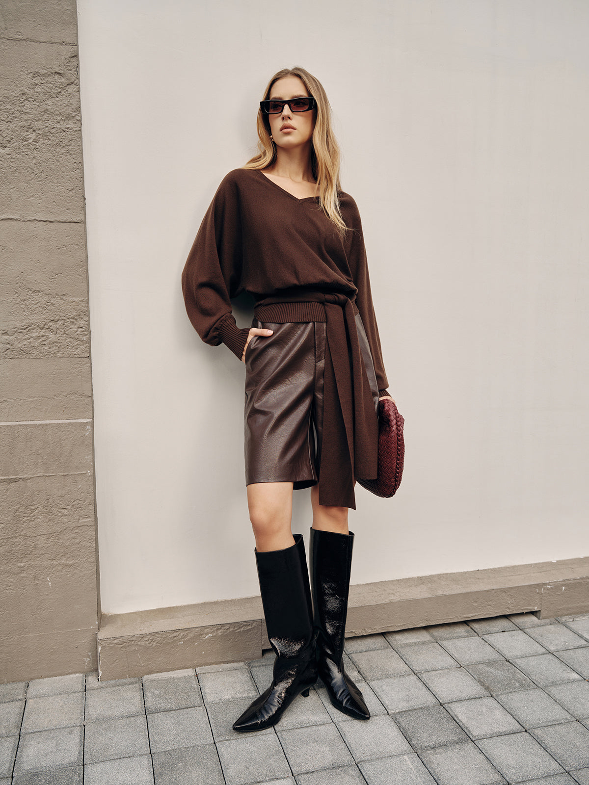 Tie-Waist V-Neck Wool-Blend Sweater
