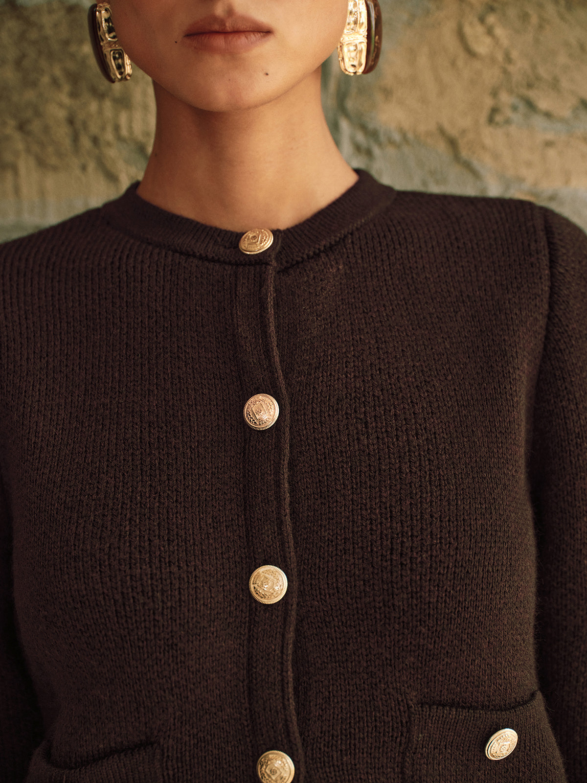 Metal Button Wool-Blend Knit Cardigan