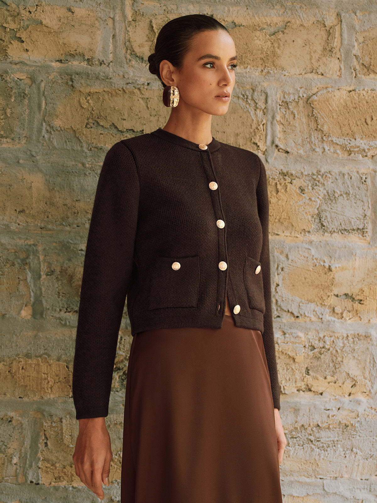 Metal Button Wool-Blend Knit Cardigan