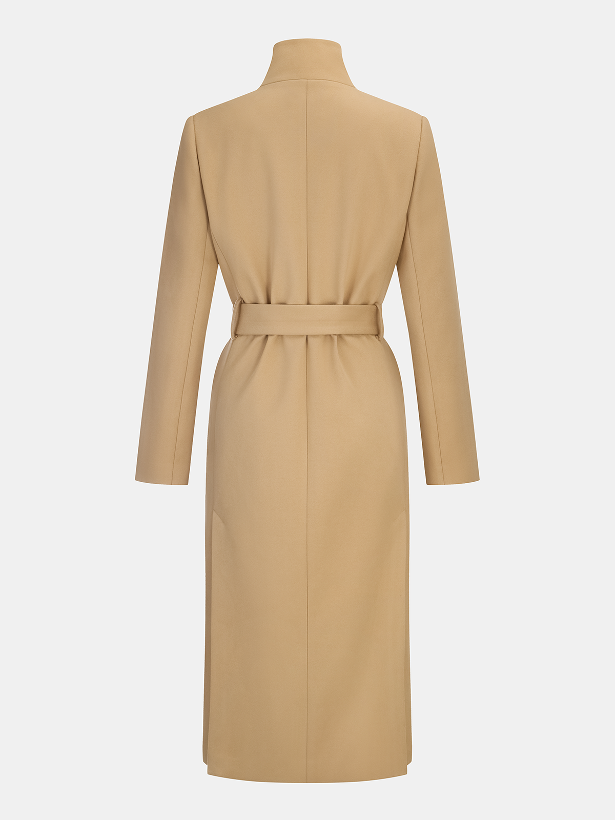 Manteau long à col montant, boutons métalliques et ceinture