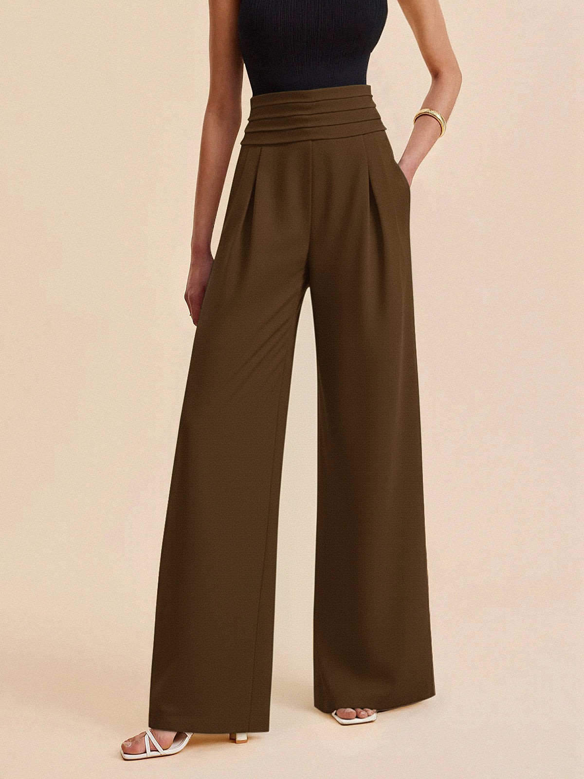 High-Waist Hose mit Faltenbund und weitem Bein