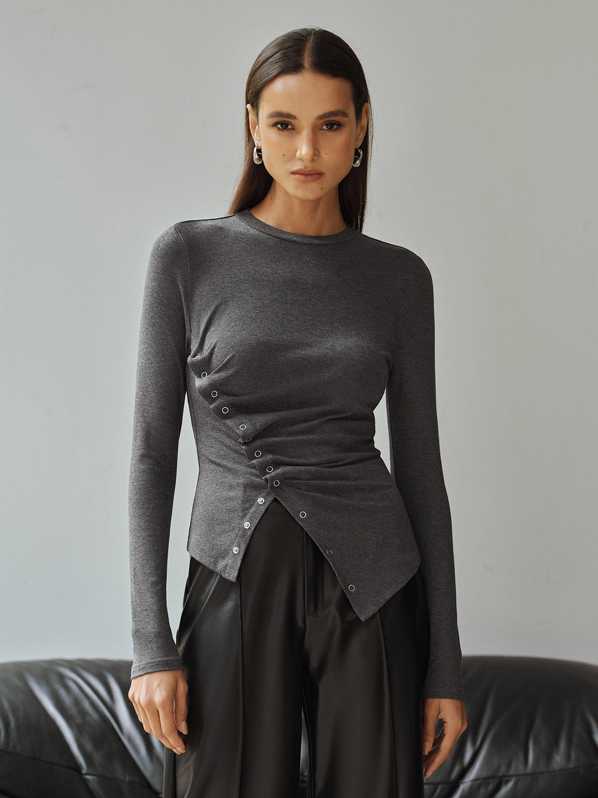 Asymmetric Ruched Long Sleeve Top