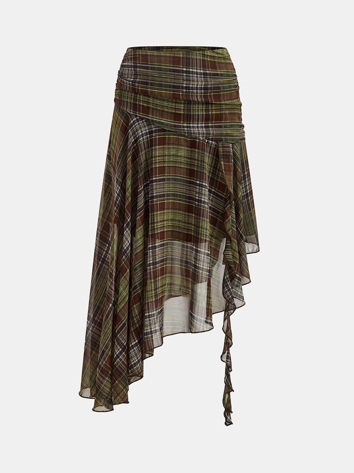 Karierter Chiffon-Midi-Rock mit asymmetrischem Saum