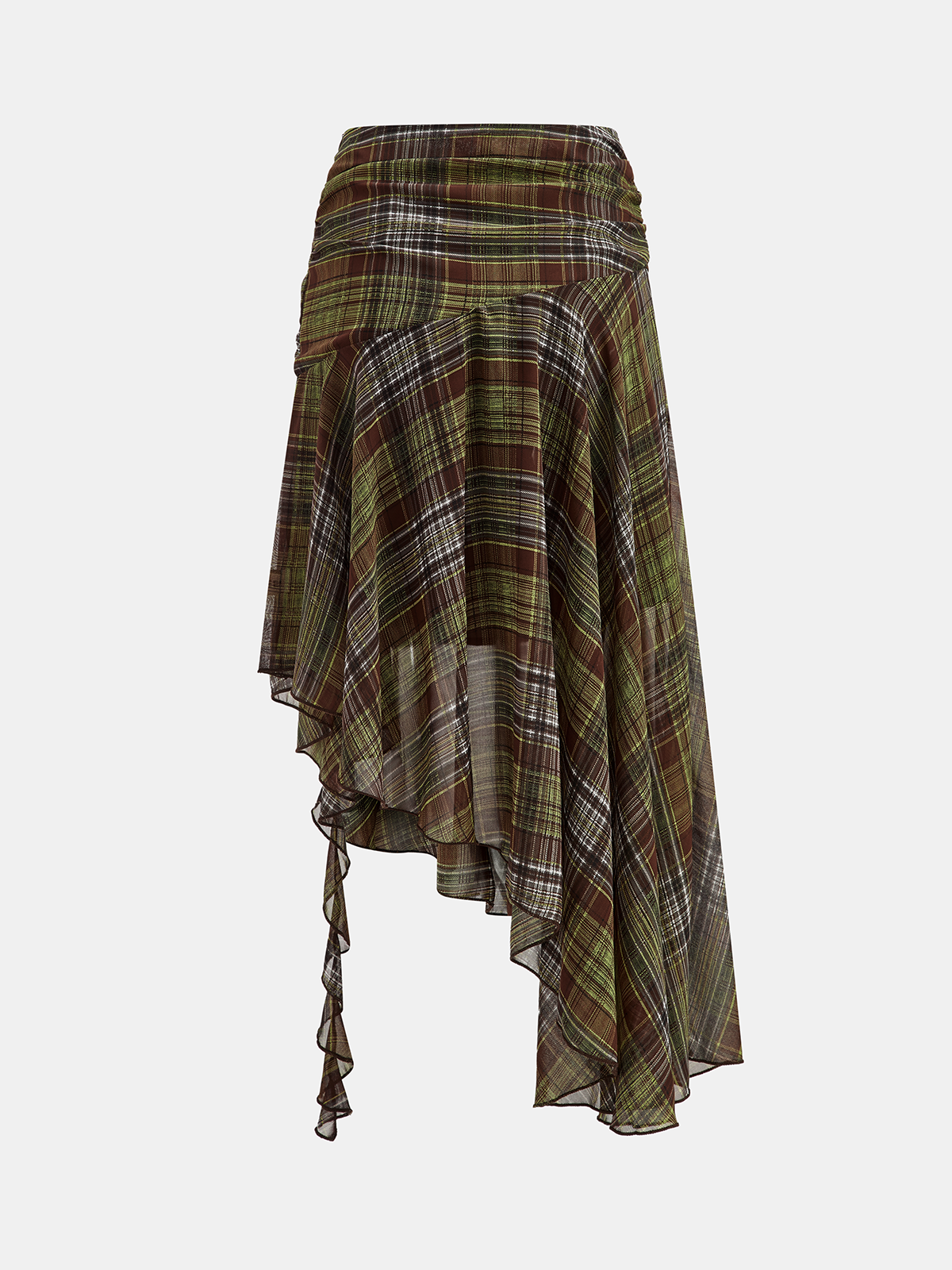 Karierter Chiffon-Midi-Rock mit asymmetrischem Saum