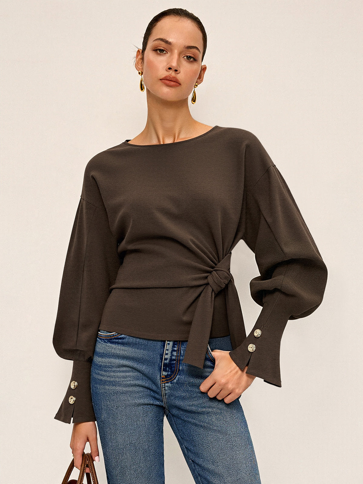 Twist Knot Balloon Sleeve Sweatshirt