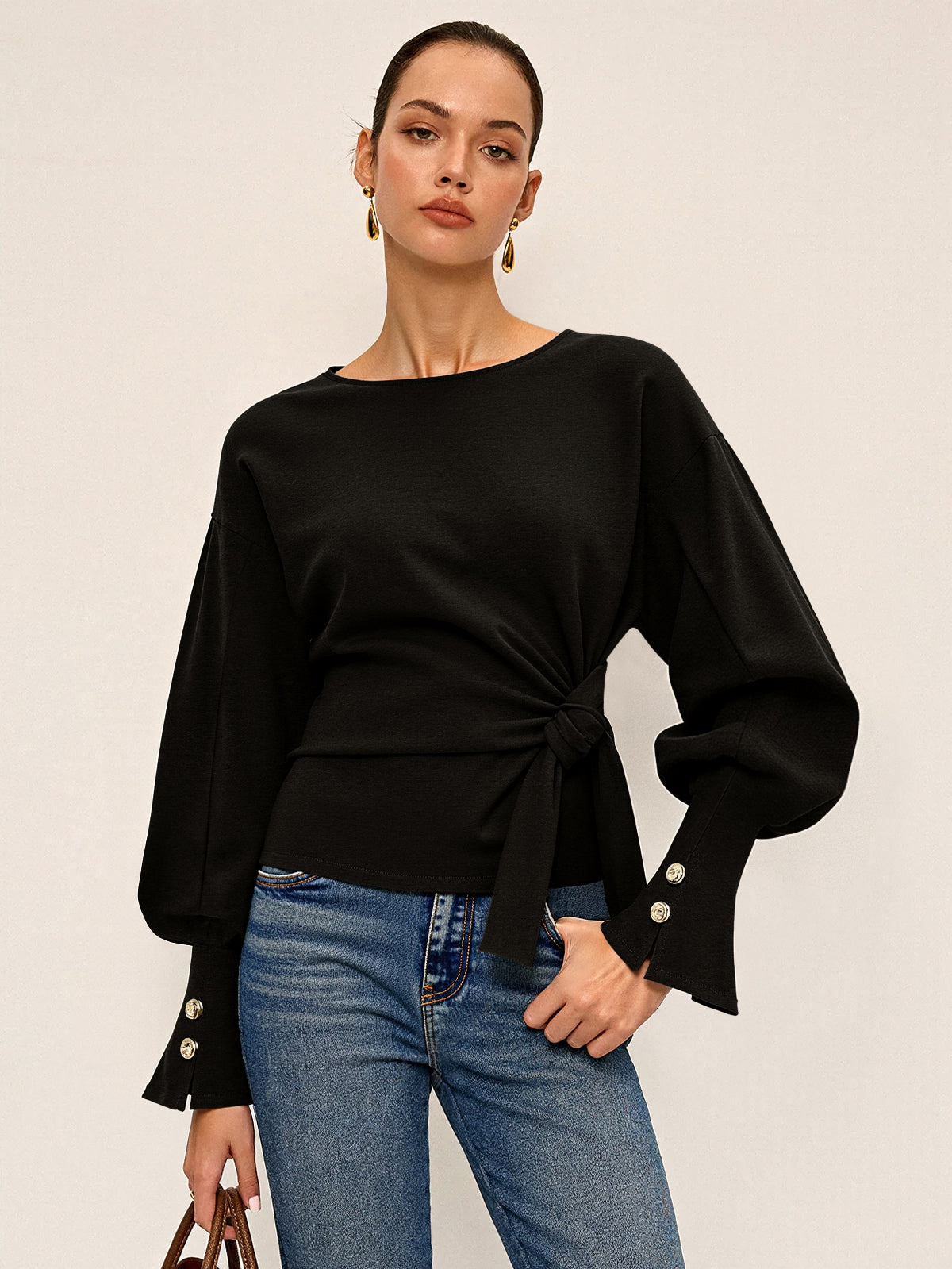 Twist Knot Balloon Sleeve Sweatshirt