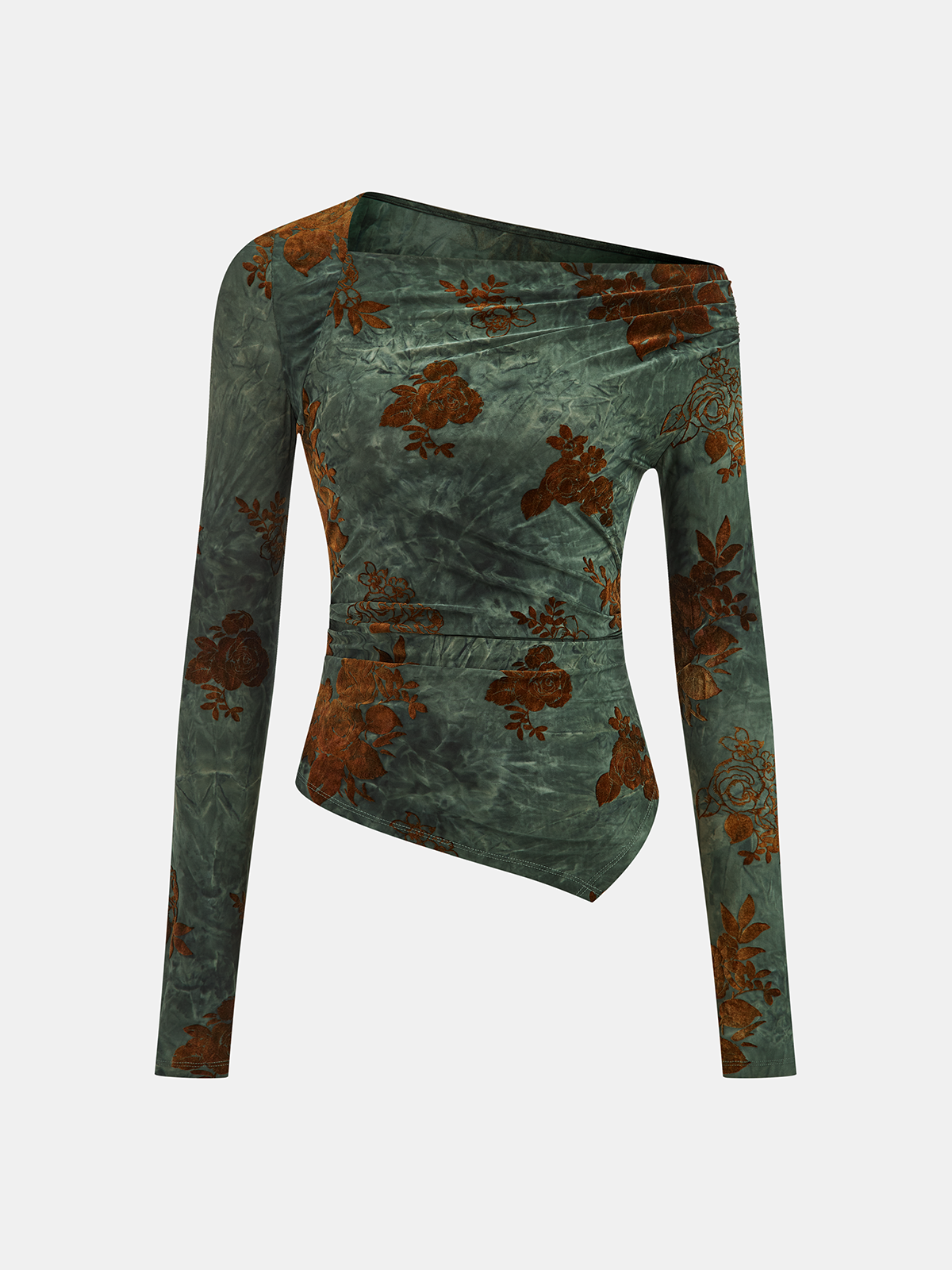 Haut asymétrique à manches longues et volants, imprimé floral