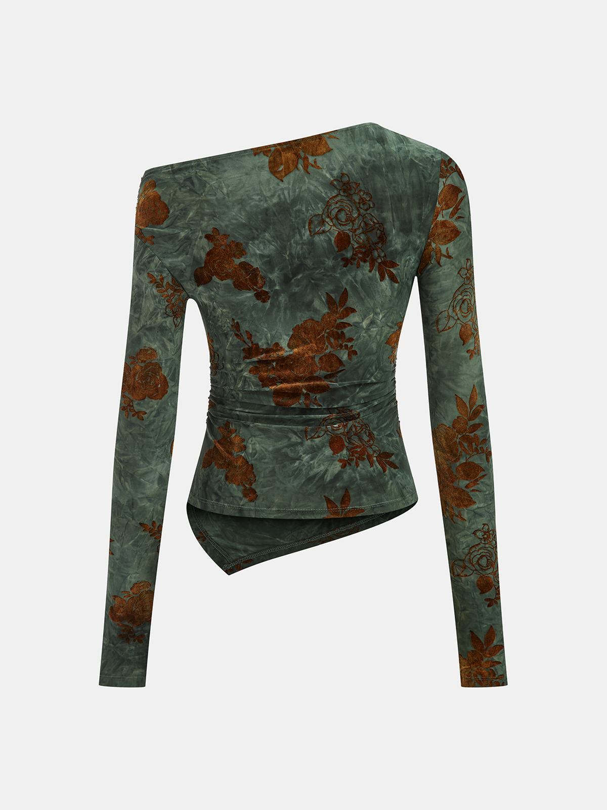 Haut asymétrique à manches longues et volants, imprimé floral