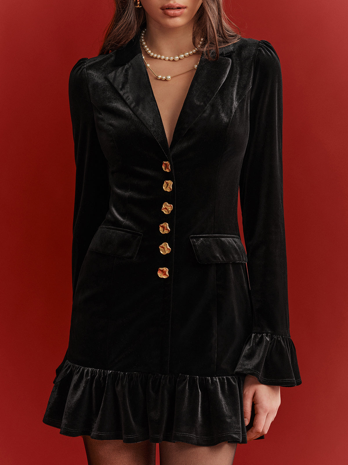 Metal Button Ruffled Hem Velvet Blazer Dress