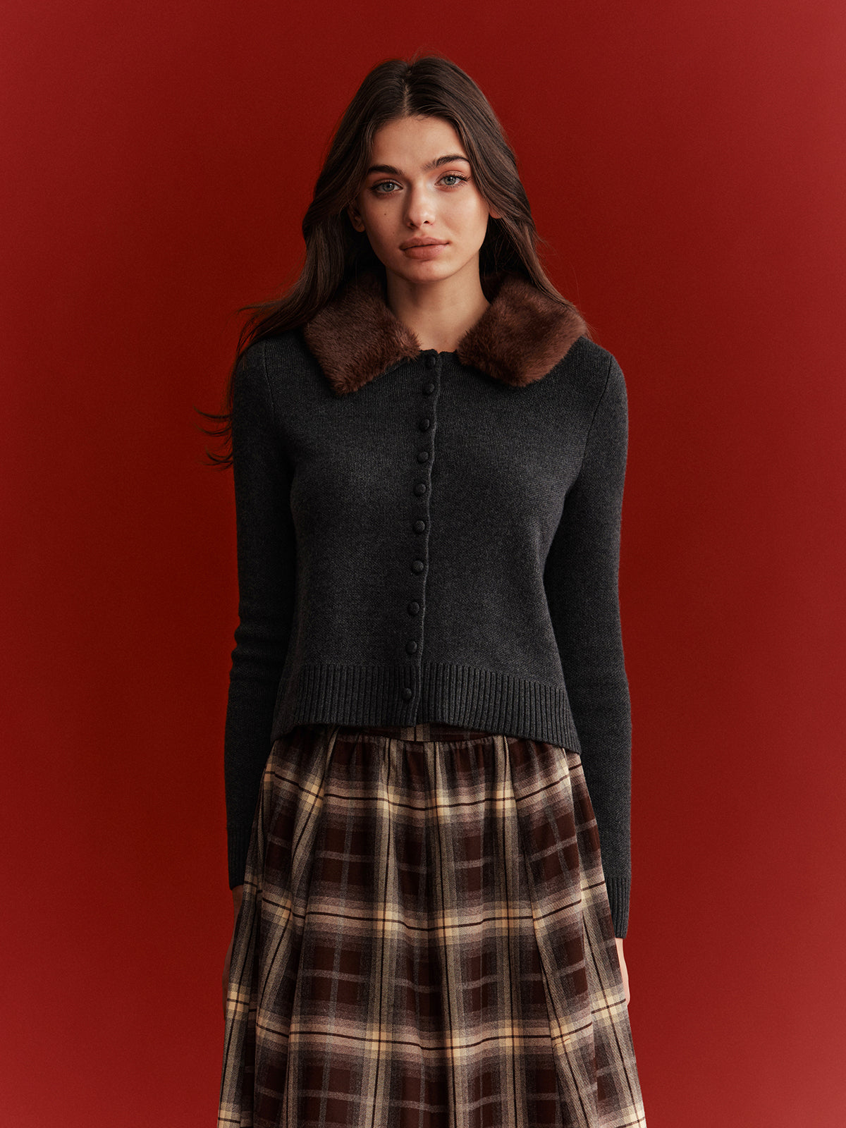 Faux Fur Collar Wool-Blend Cardigan