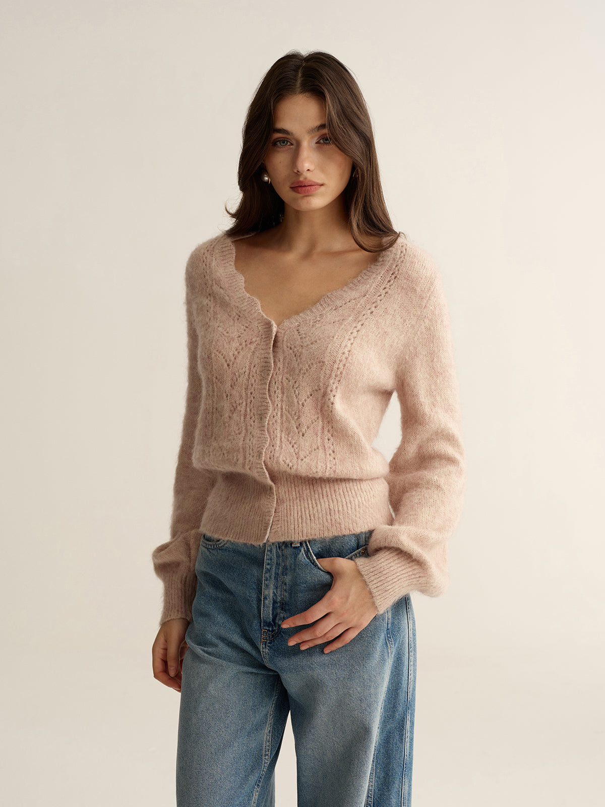 Scalloped Edge Wool-Blend Knit Cardigan