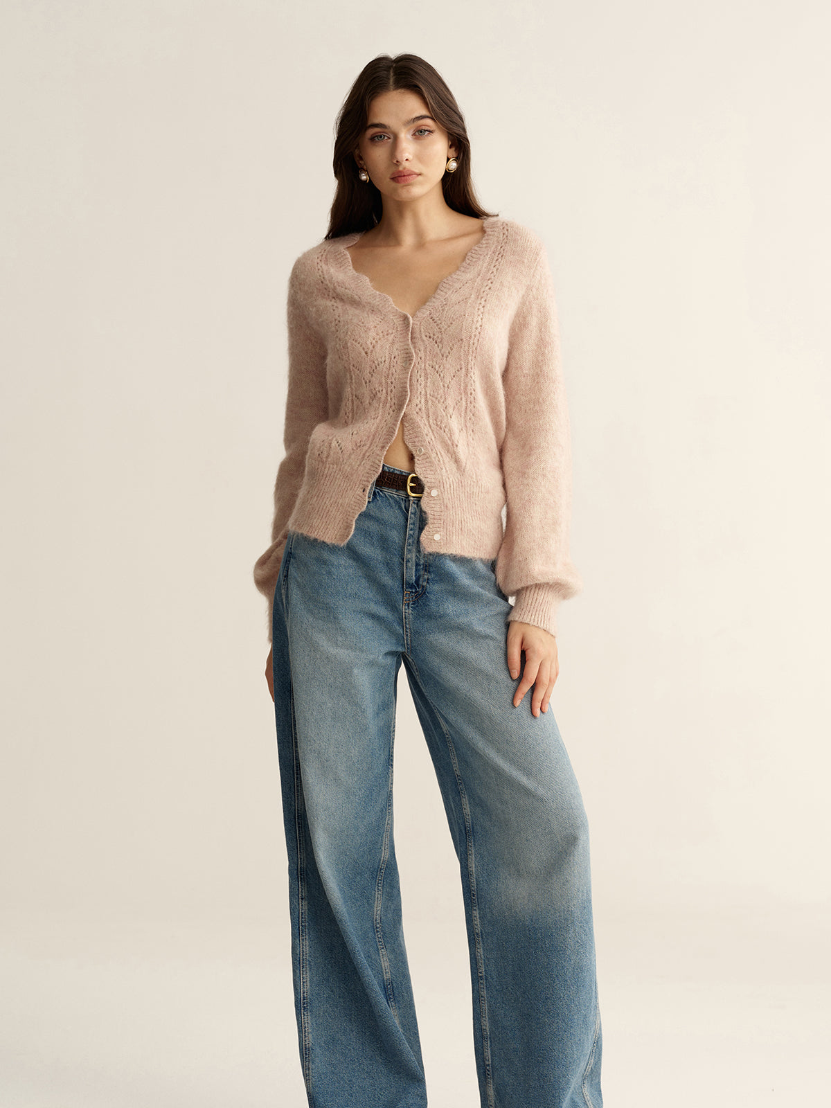 Scalloped Edge Wool-Blend Knit Cardigan