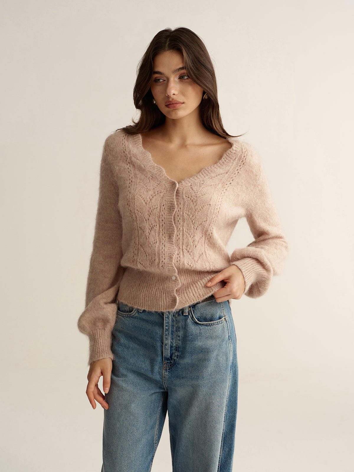 Scalloped Edge Wool-Blend Knit Cardigan