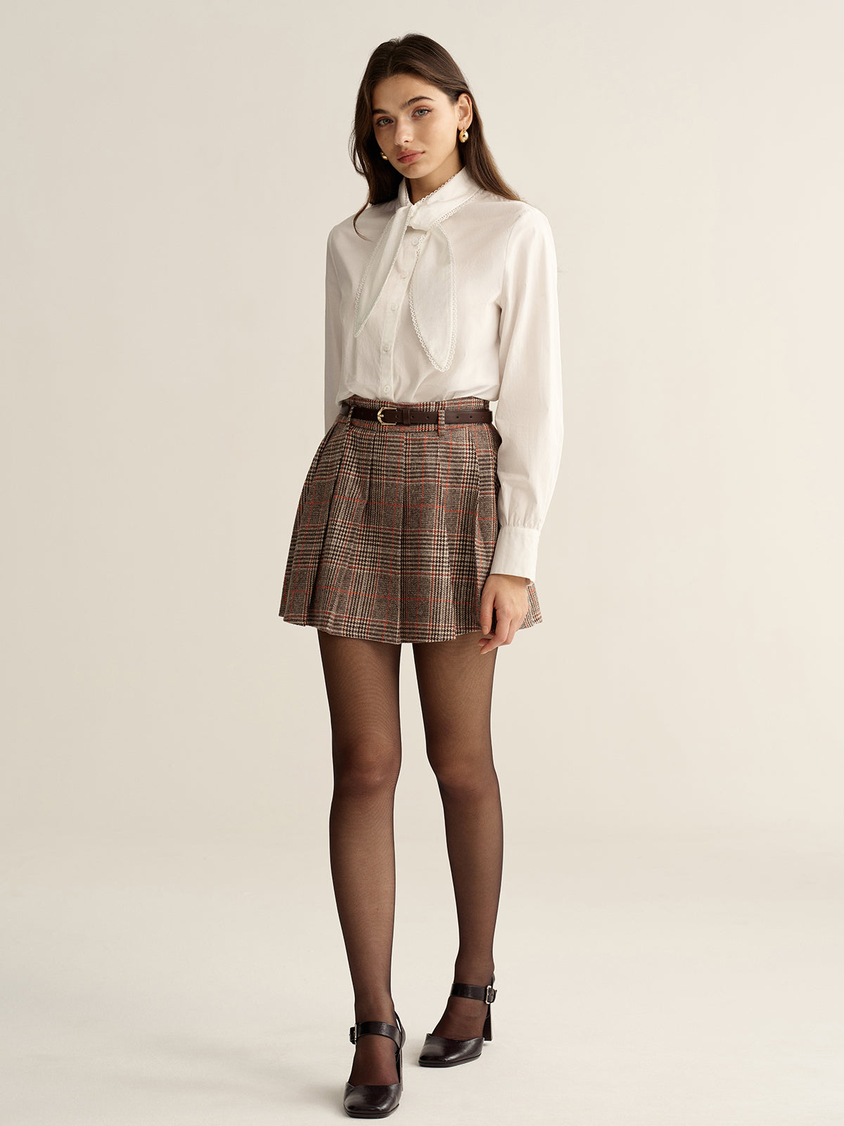 Lace-Trim Tie Neck Cotton Blouse