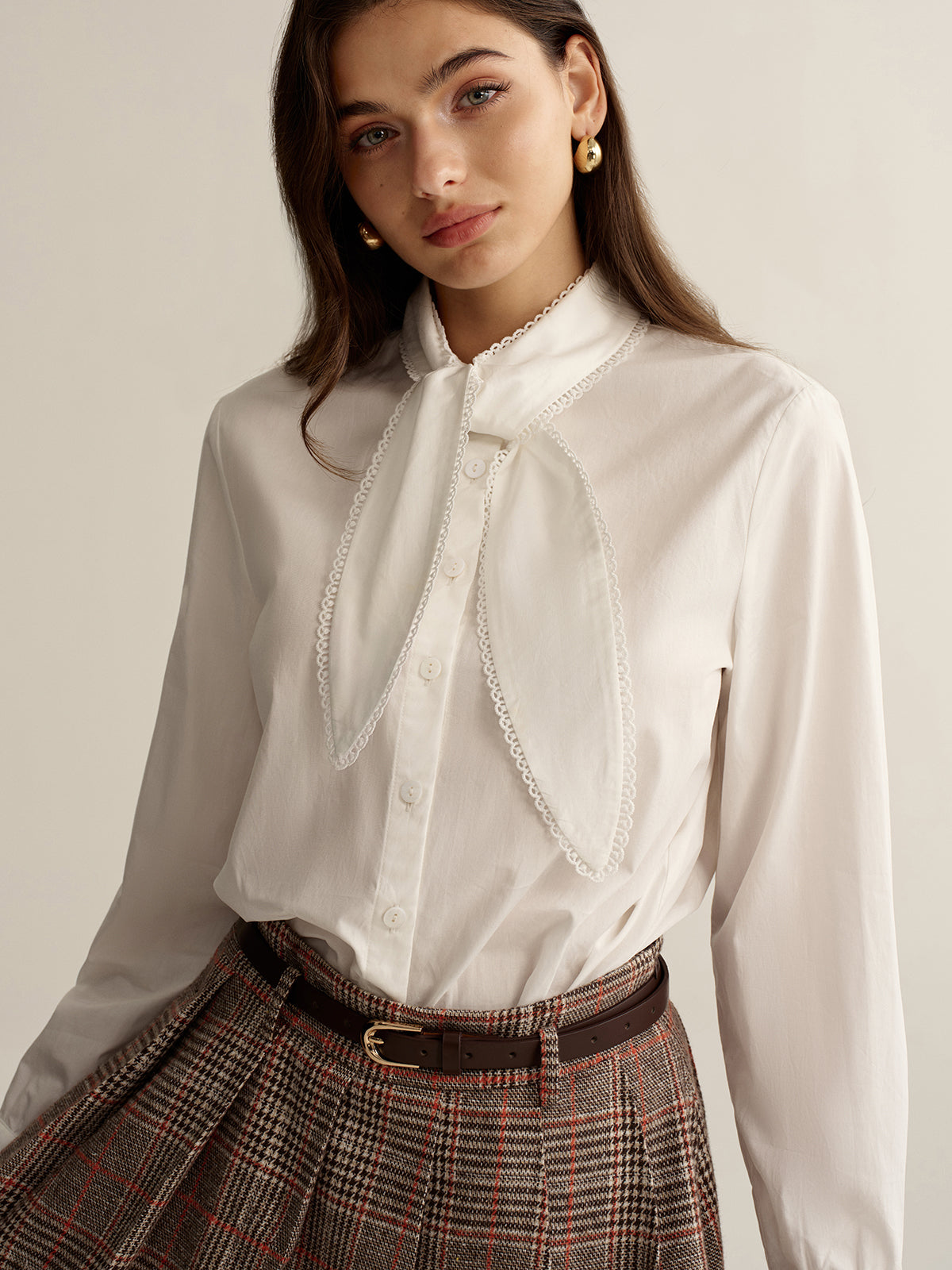 Lace-Trim Tie Neck Cotton Blouse