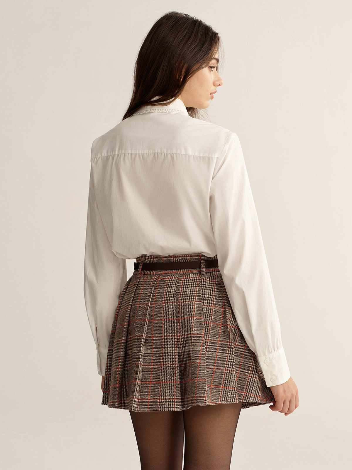 Lace-Trim Tie Neck Cotton Blouse