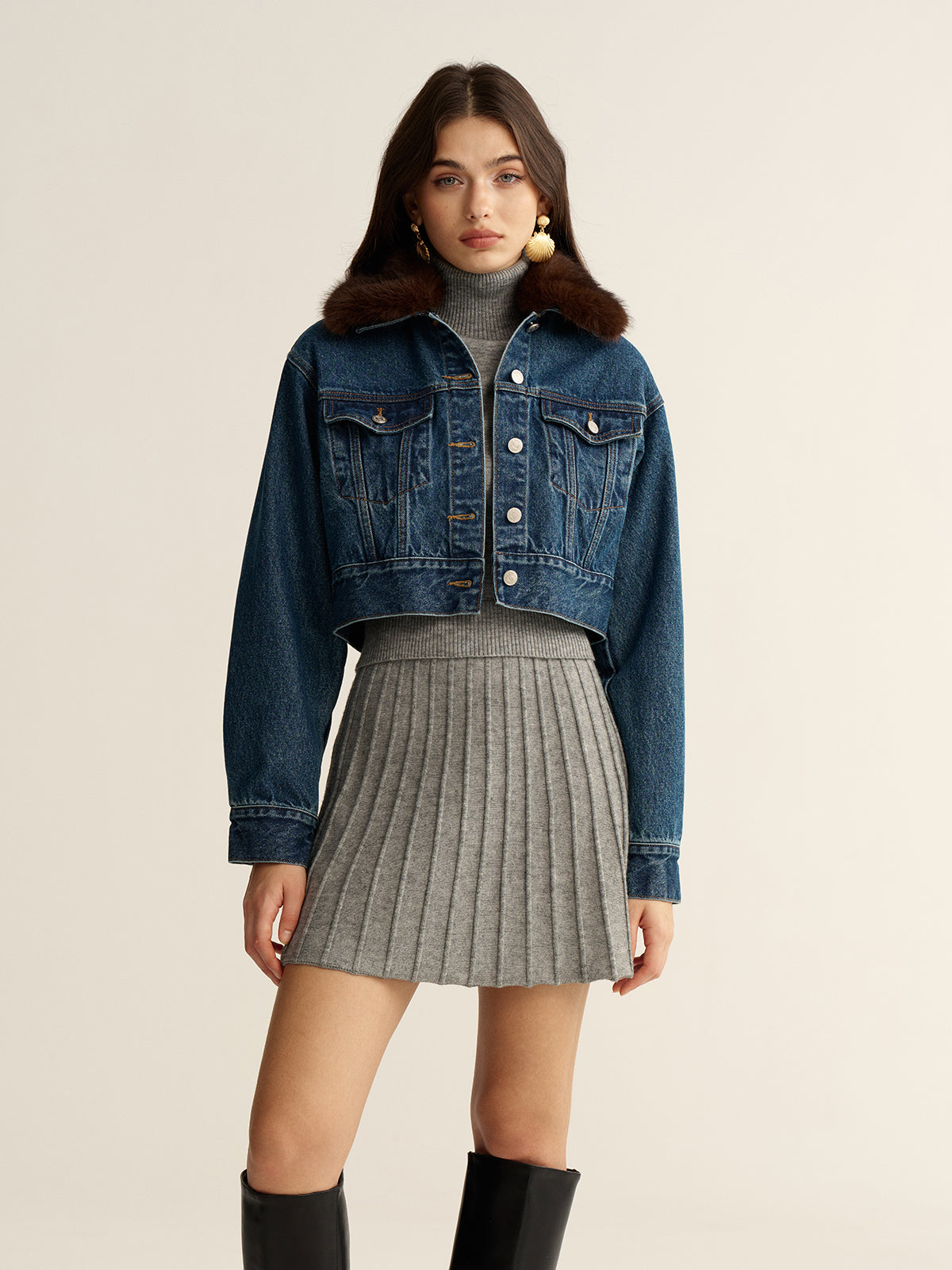 Faux Fur Collar Denim Cropped Jacket