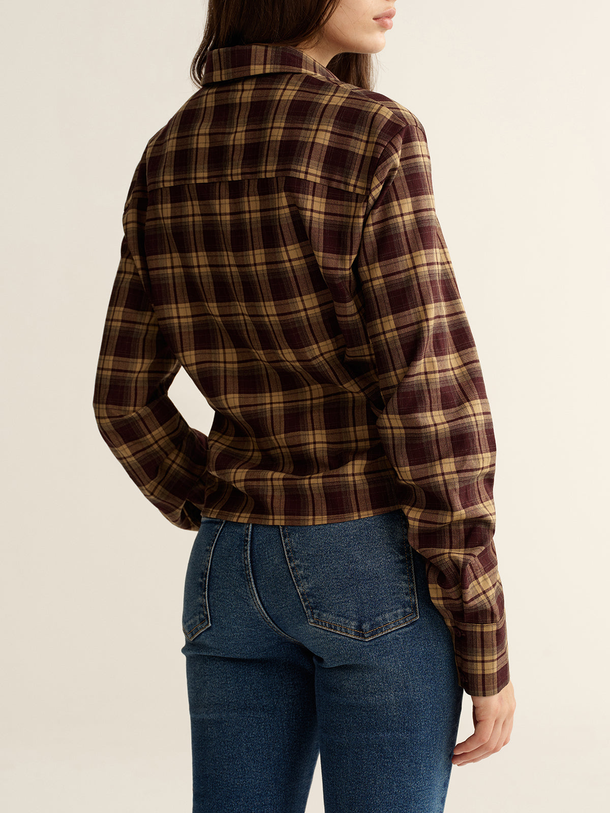Knot Detail Button-Front Plaid Cropped Shirt