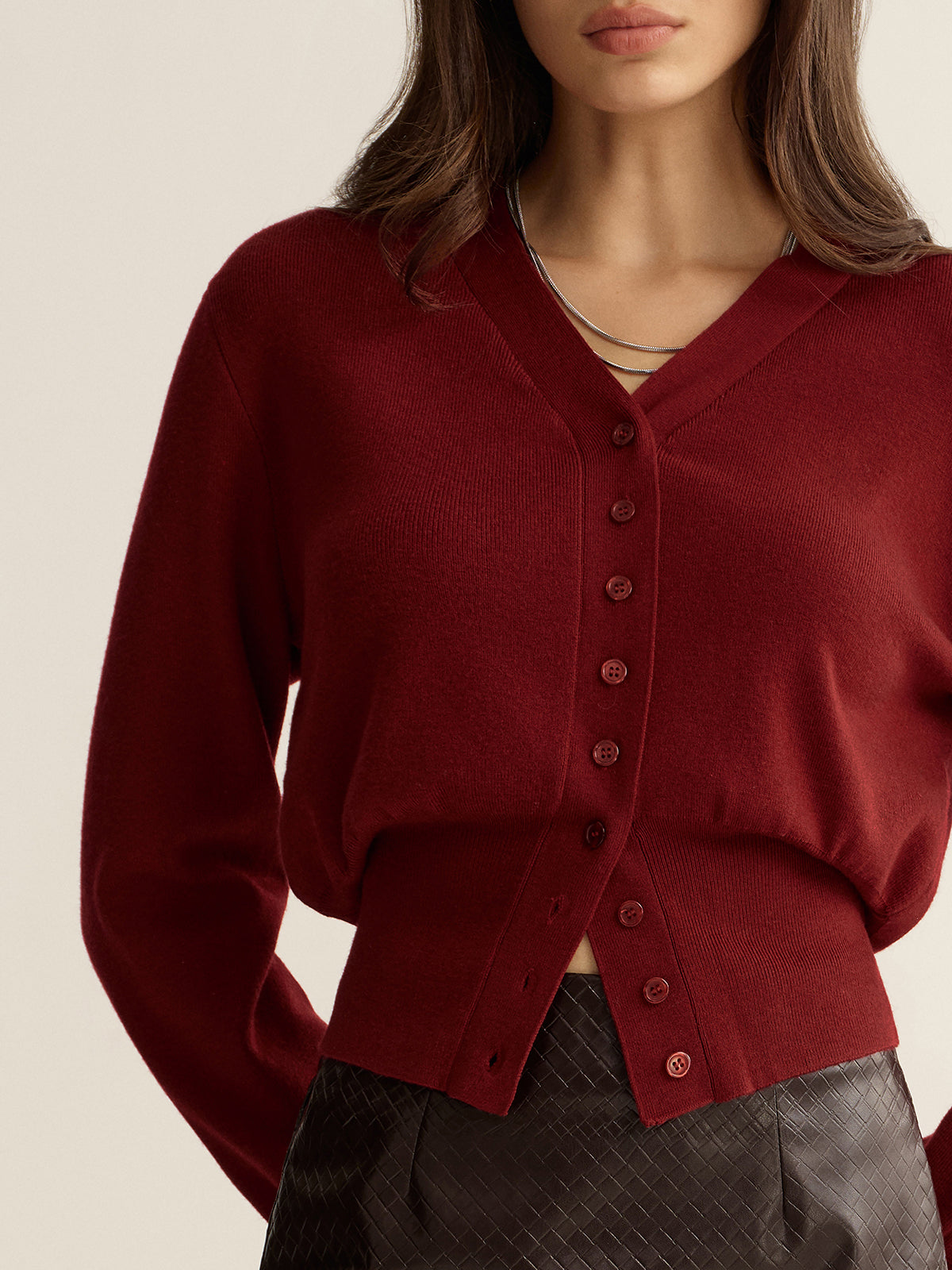 Button-Front V-Neck Cropped Cardigan