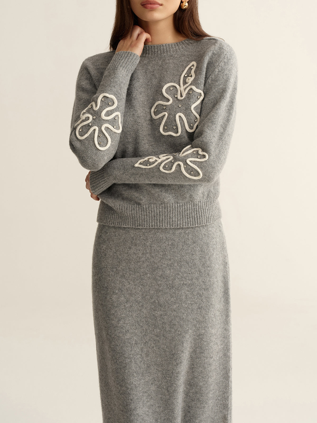 Floral Applique Sweater and Midi Skirt Set