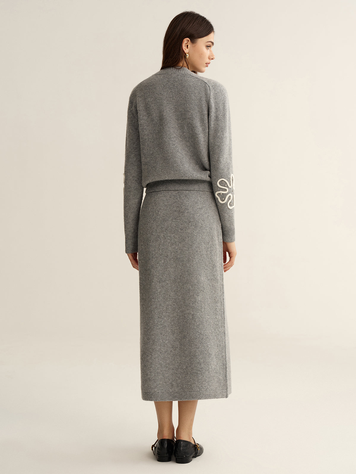 Floral Applique Sweater and Midi Skirt Set