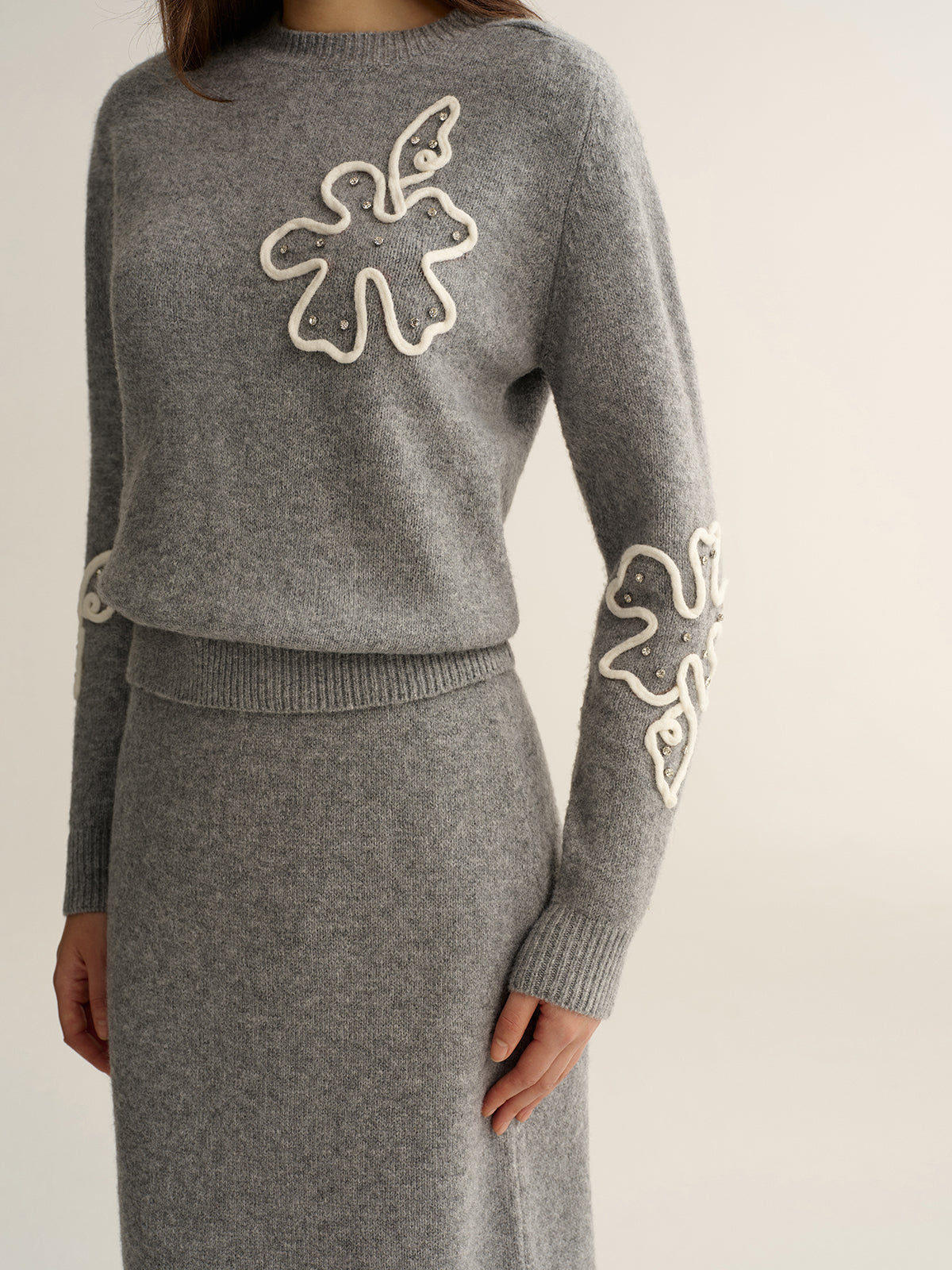 Floral Applique Sweater and Midi Skirt Set