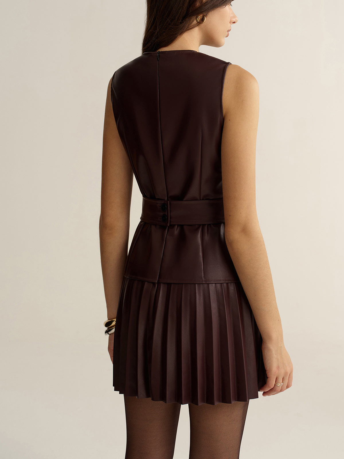 Belted Faux Leather Sleeveless Pleated Mini Dress