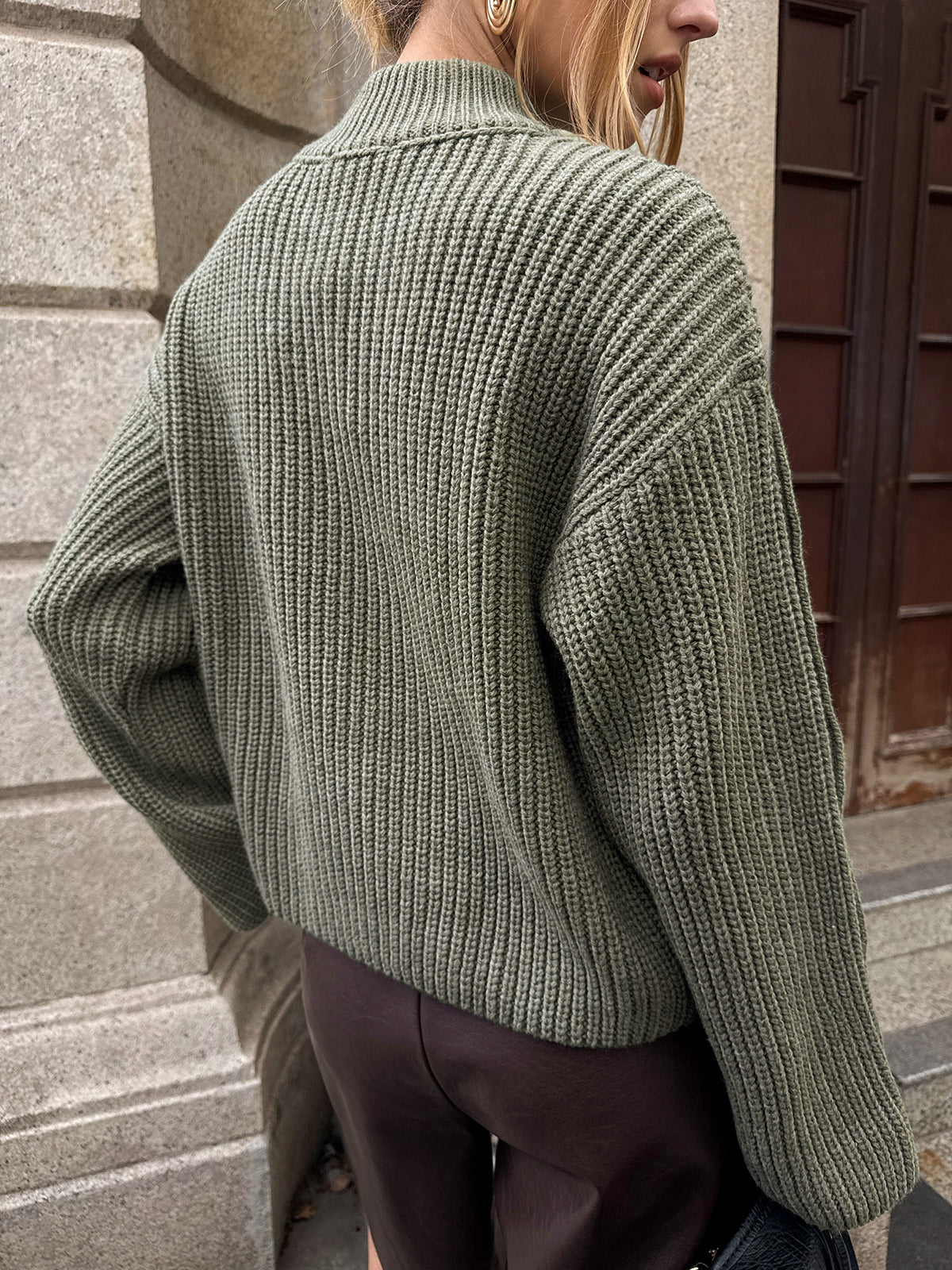 Mock Neck Button-Detail Sleeve Sweater