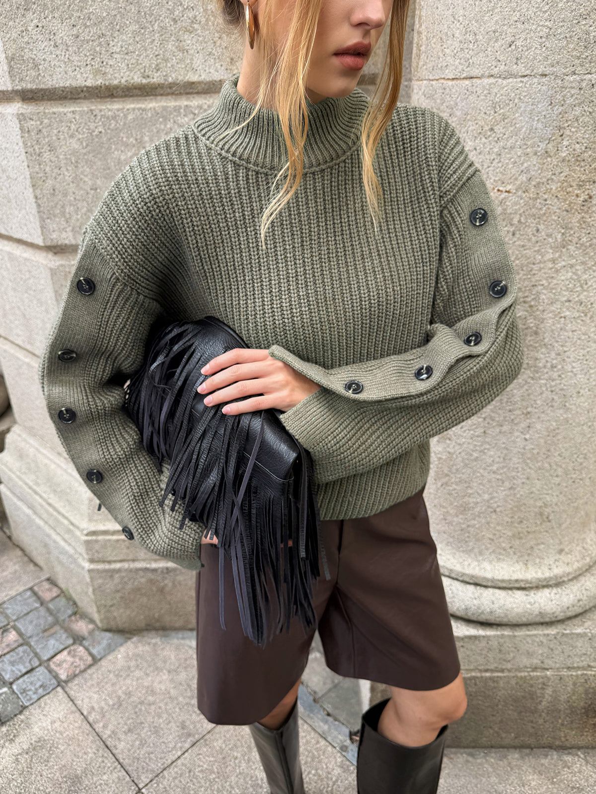 Mock Neck Button-Detail Sleeve Sweater