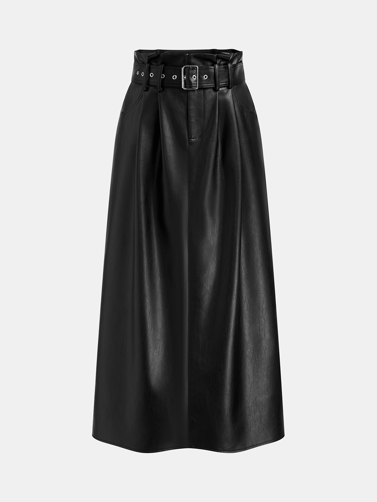Jupe longue plissée en similicuir avec ceinture à la taille