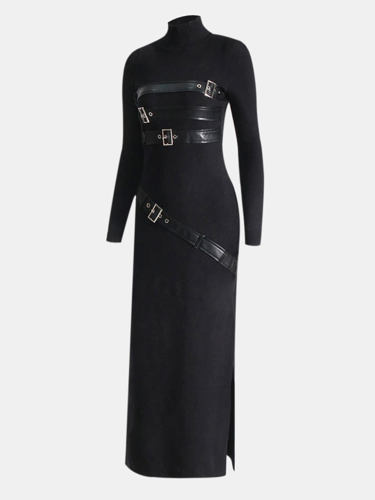 Maxikleid aus Strick mit Stehkragen und Kunstleder-Einsätzen