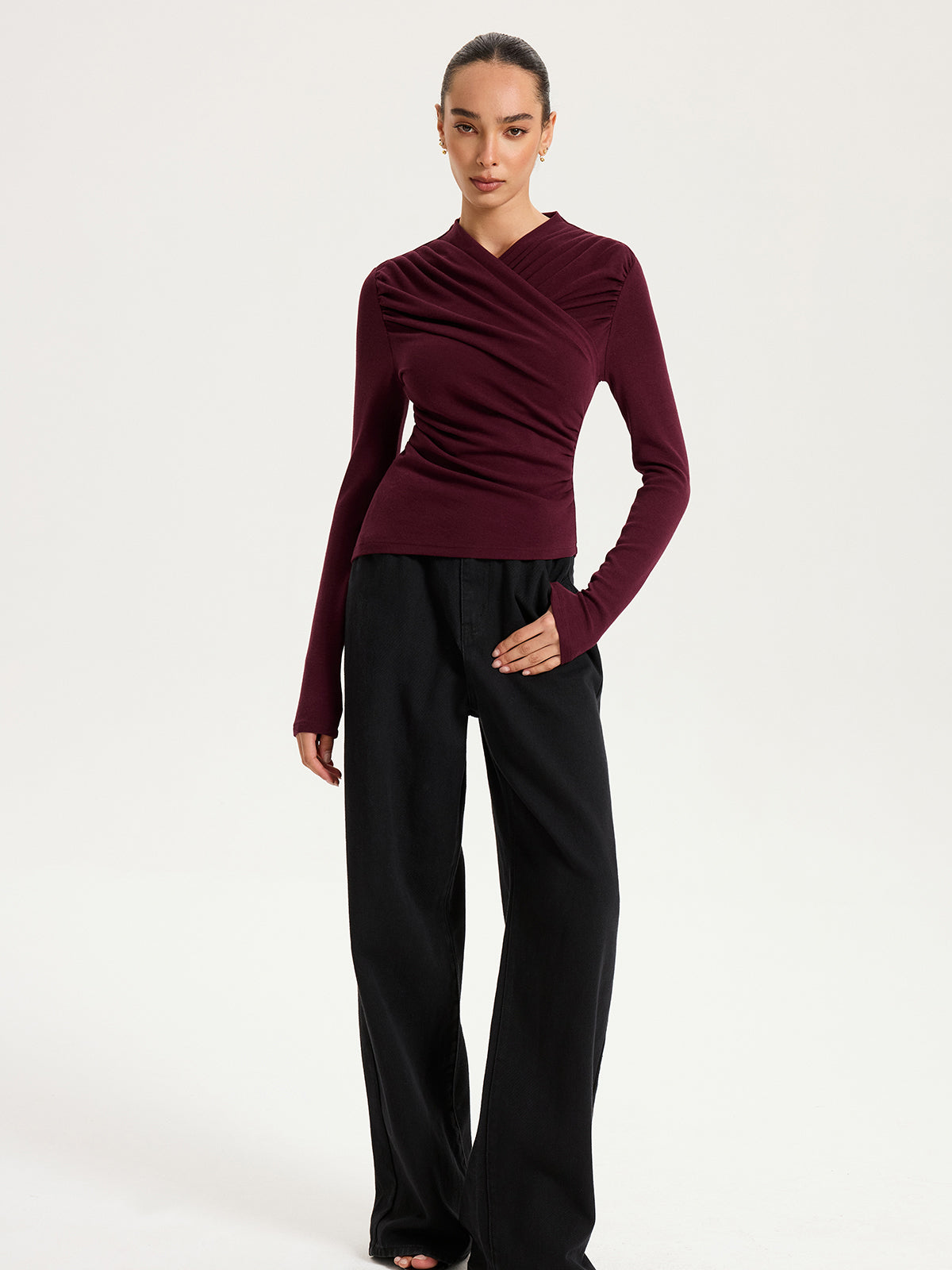 Cross Ruched Long Sleeve Top