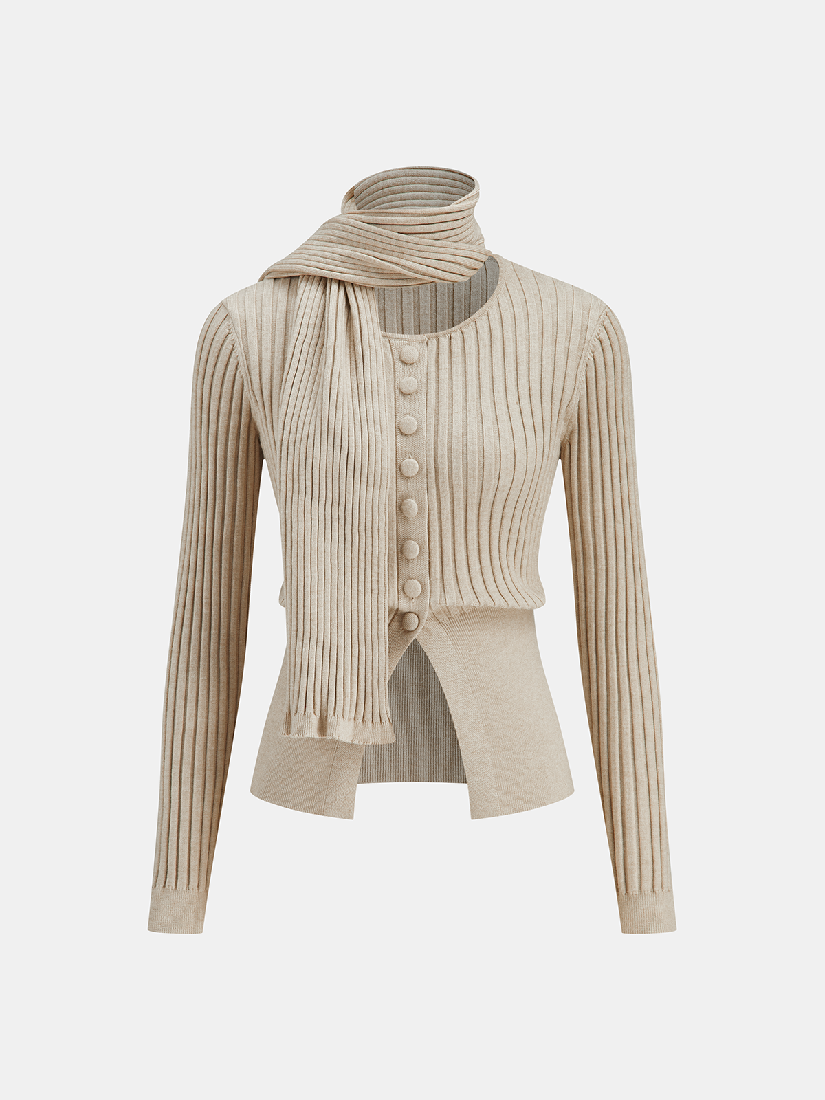 Cardigan en maille côtelée boutonné avec écharpe