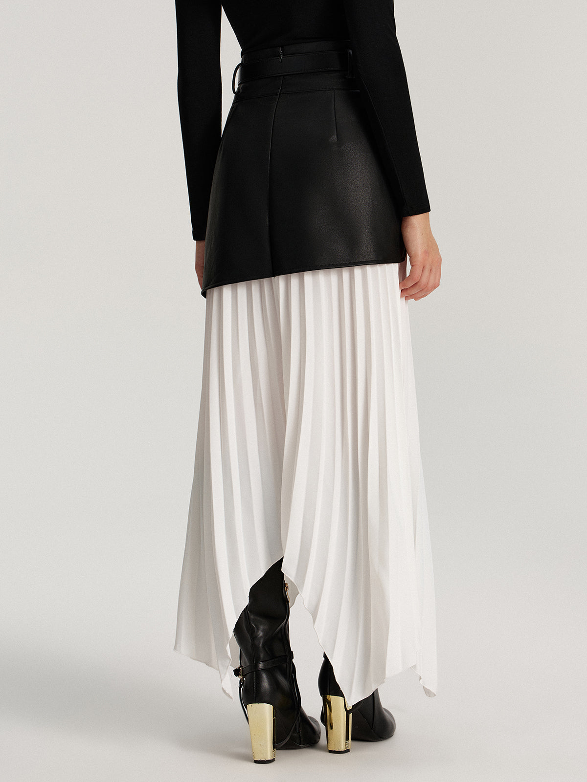 Belted Asymmetric Faux Leather Panel Pleated Maxi Skirt