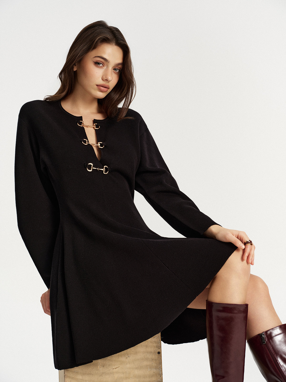 Horsebit Detail Knit Flared Dress