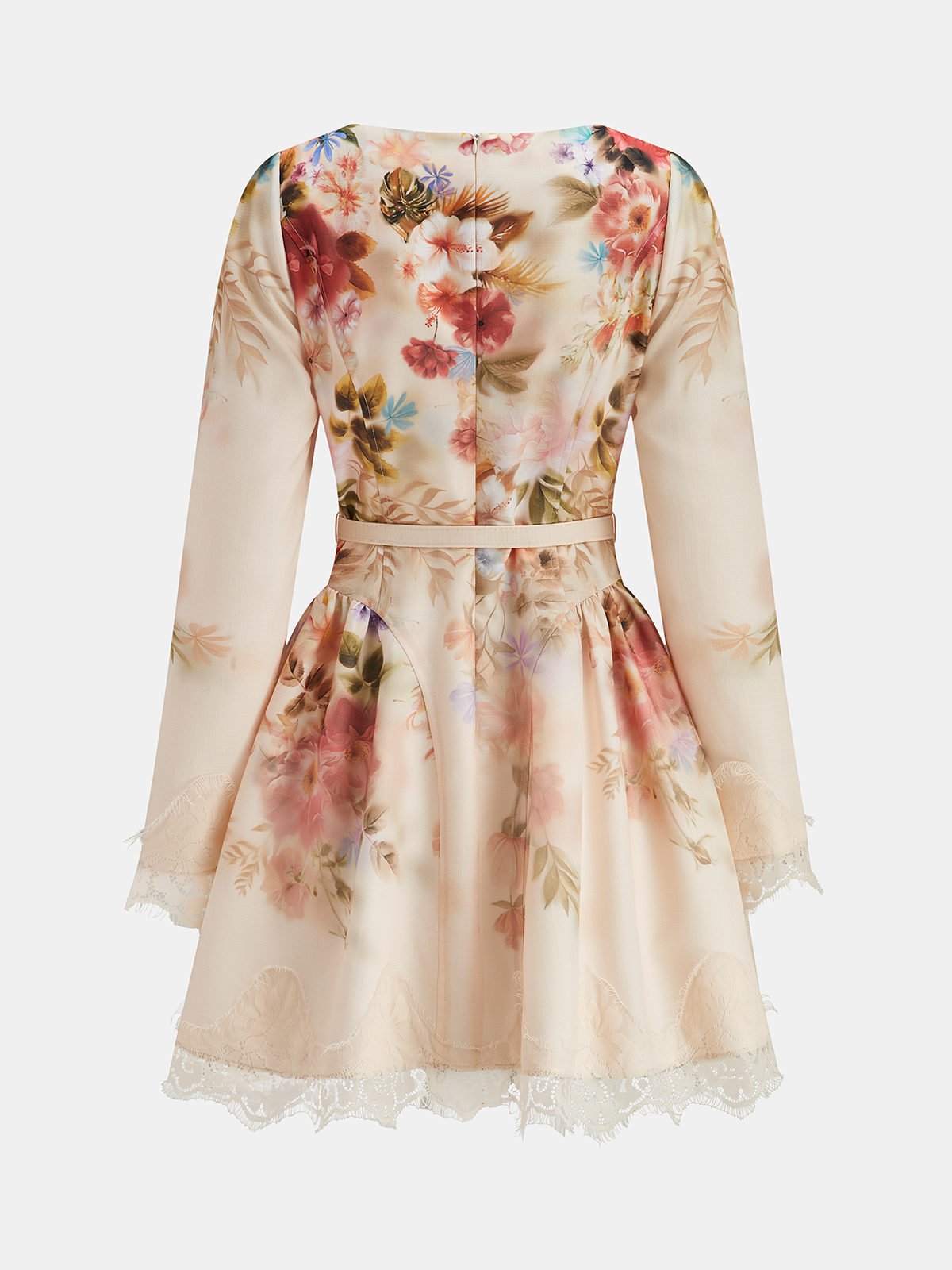 Belted Lace Trim Floral Print Mini Dress