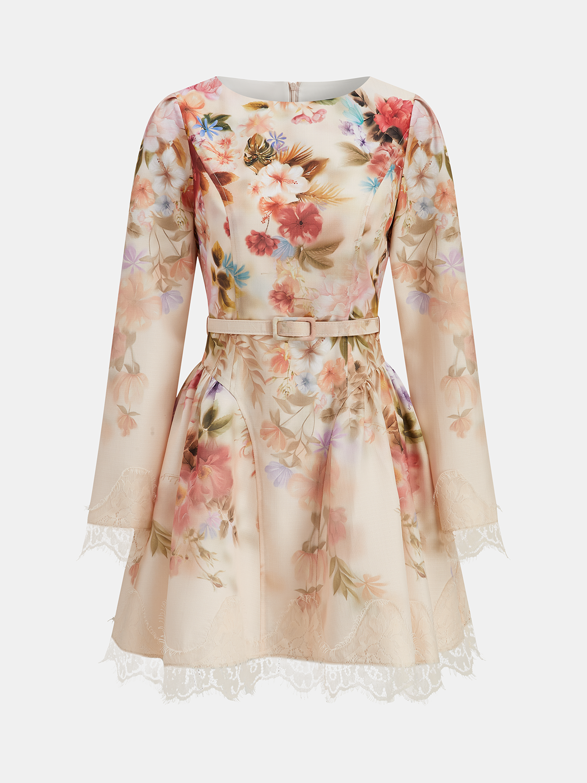 Belted Lace Trim Floral Print Mini Dress