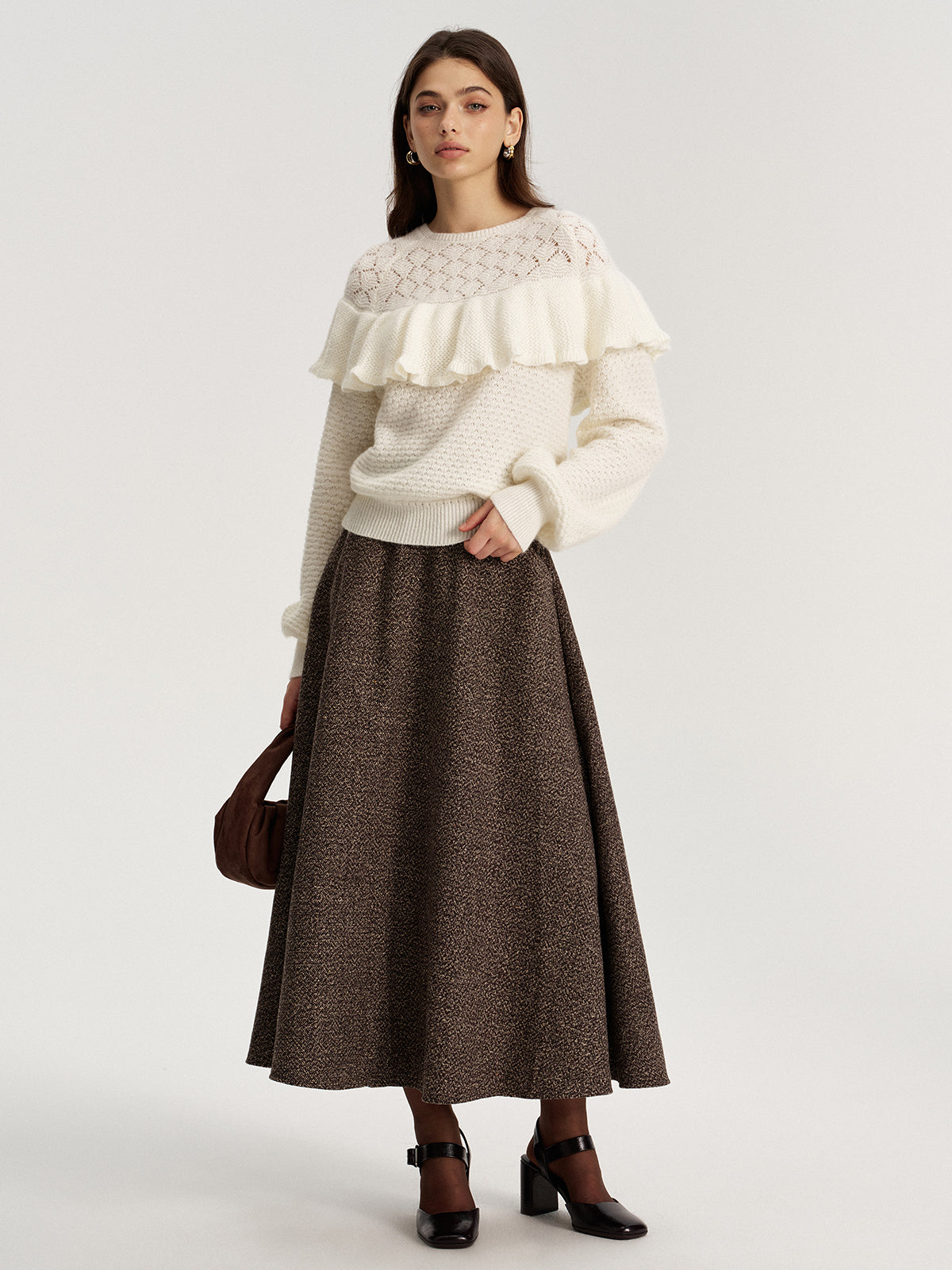 Mohair & Wool Blend Ruffle Pointelle Knit Top
