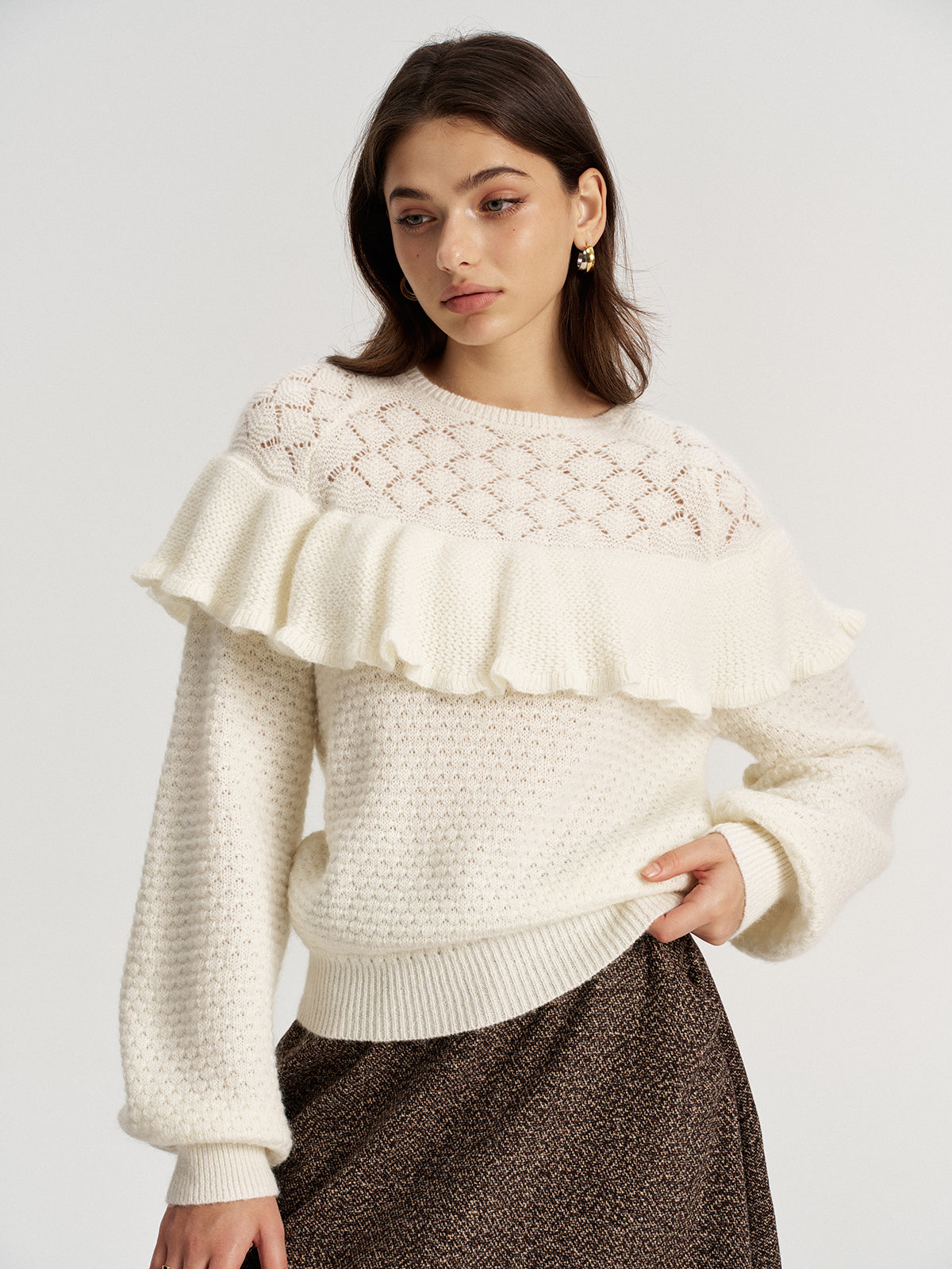 Mohair & Wool Blend Ruffle Pointelle Knit Top