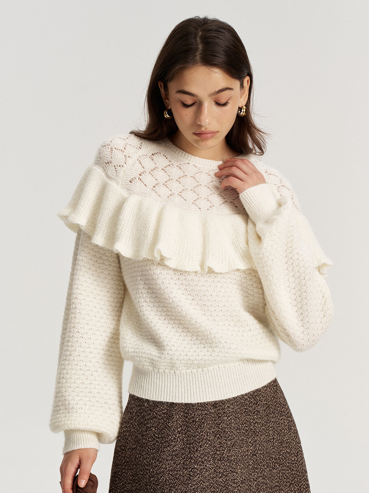 Mohair & Wool Blend Ruffle Pointelle Knit Top