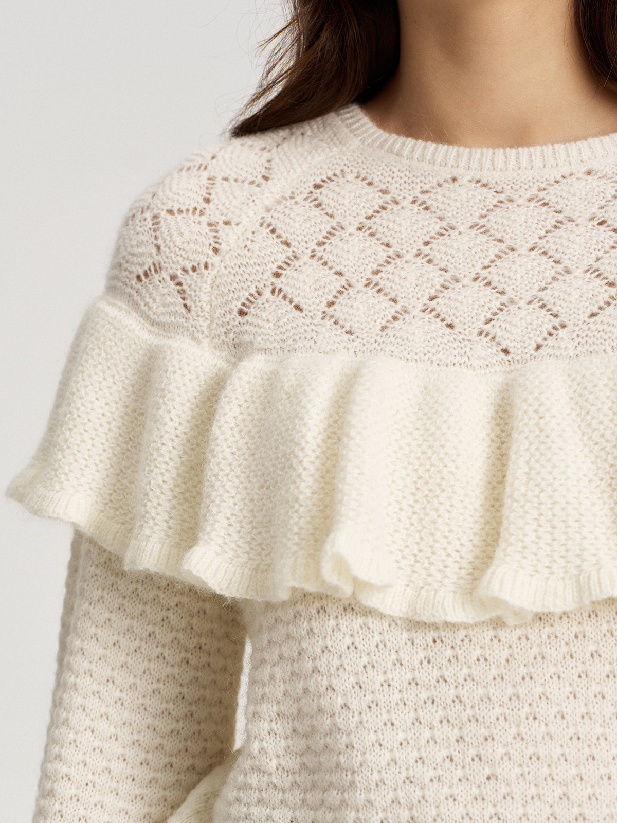 Mohair & Wool Blend Ruffle Pointelle Knit Top